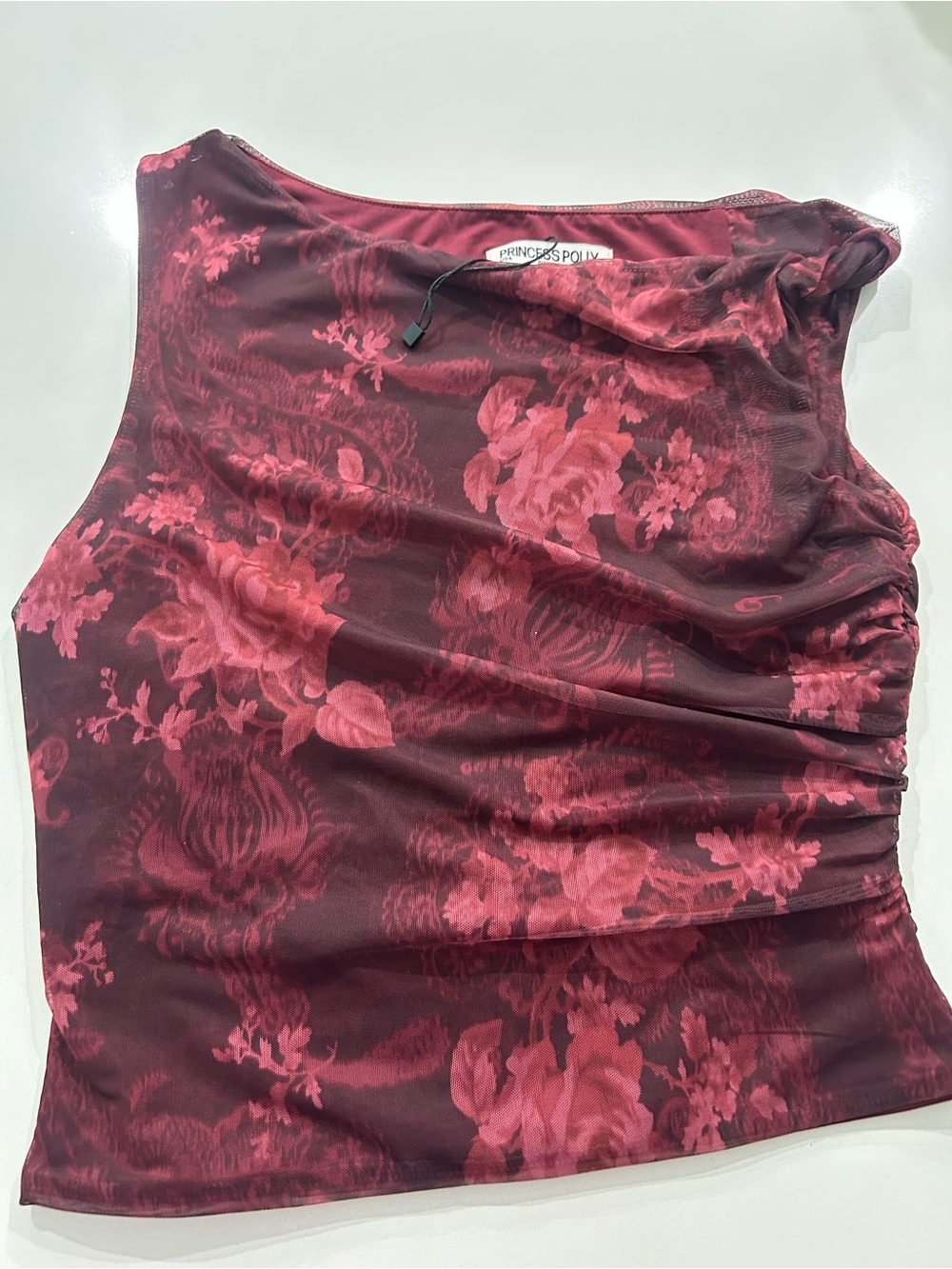 Princess Polly Burgundy and Pink Floral Side-Ruched Tank